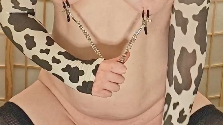 [VERTICAL] Pathetic Caged Trans Cow Tugs On Her Nipple Clamps