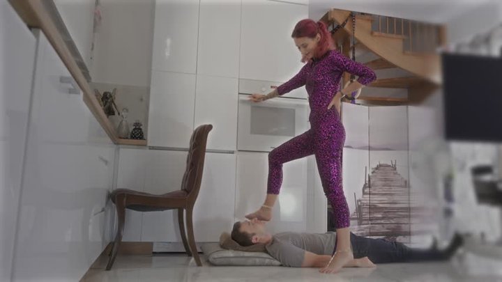 Galyna In Pink Catsuit Stand On His Face Slap And Give Her Feet To Lick - 4K