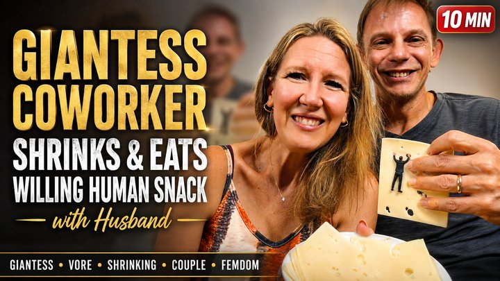 Giantess Coworker Shrinks and Eats Willing Human Snack with Husband