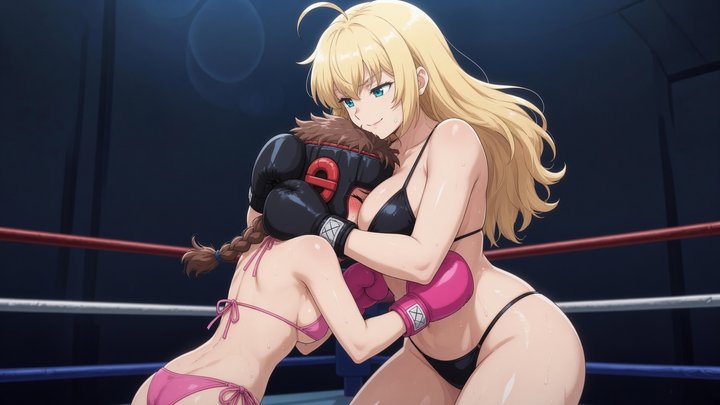 Petite girl vs Big blond AI anime female boxing low