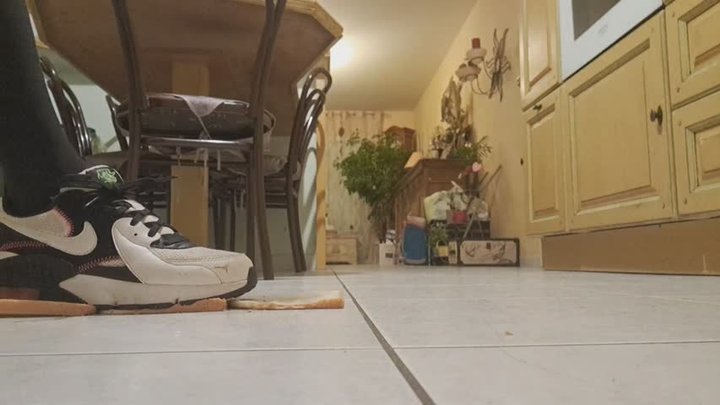 Giantess Zoe crushing bread with Nike Air Max Excee