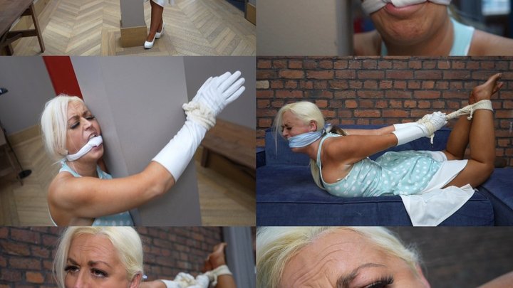 Blonde Milf cally, post tied, hogtied and handkerchief gagged (mp4)