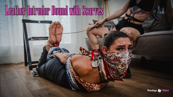 Leather Intruder Bound with Scarves (lesbian Bondage) - Spanish (sub:English), W