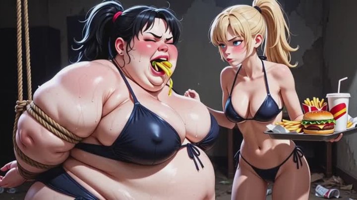 Skinny Girl Feeds Bound Extremely Fat Woman