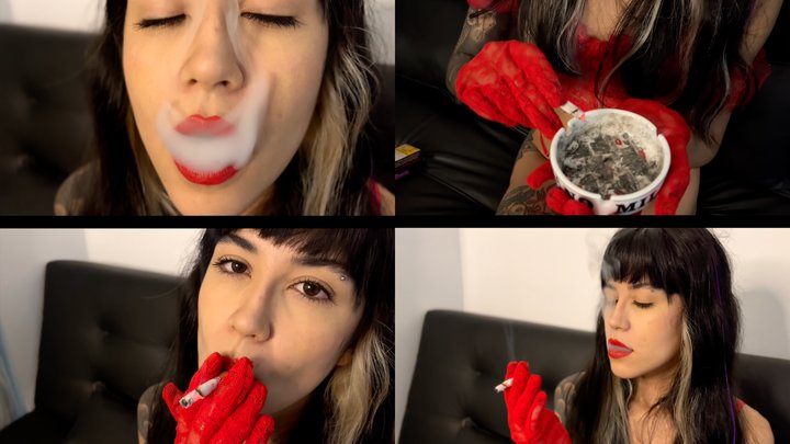 All in red, smoking a Marlboro