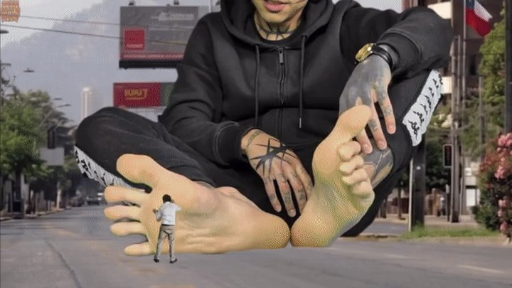 Giant man on white dirty socks and Long Toenails foot domination for a tiny citi