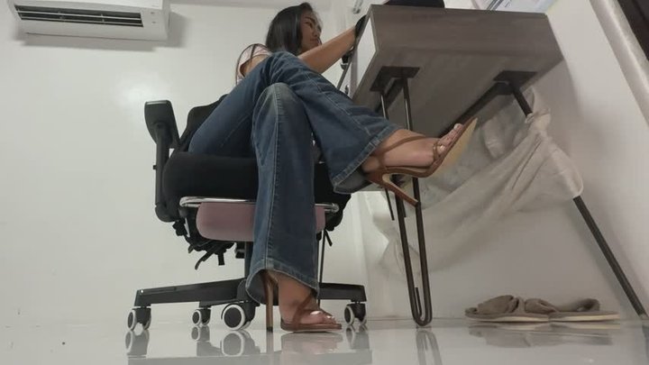 Office Foot Tease — Long Legs, Bare Toes & Strappy Stiletto Heels
