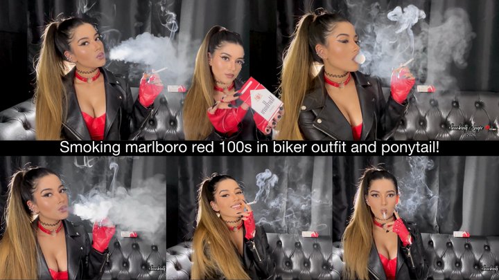 Smoking marlboro red 100s in biker outfit and ponytail!