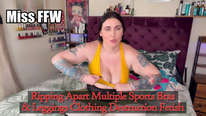 Ripping Apart Multiple Sports Bras Leggings Clothing Destruction Fetish