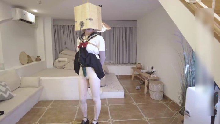 Girlfriend in white thigh-highs: wooden box head restraint and vibrating orgasm.