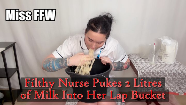 Filthy Nurse Pukes 2 Litres of Milk Into Her Lap Bucket