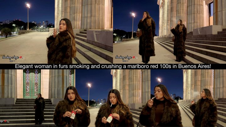 Elegant woman in furs smoking and crushing a marlboro red 100s in Buenos Aires!