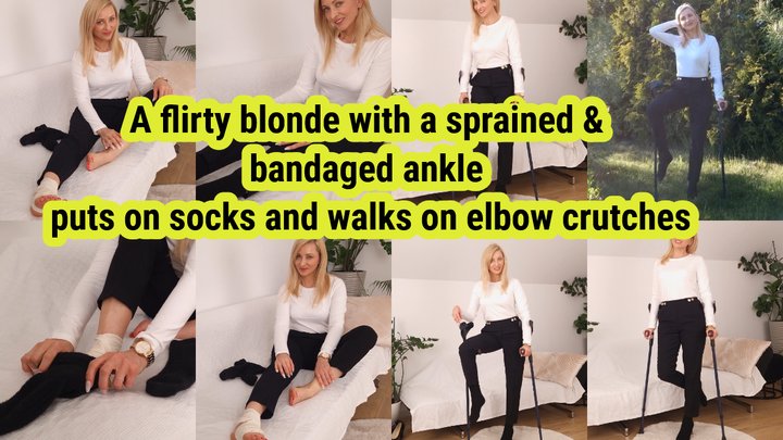 A flirty blonde with a sprained and bandaged ankle puts on socks and walks on el