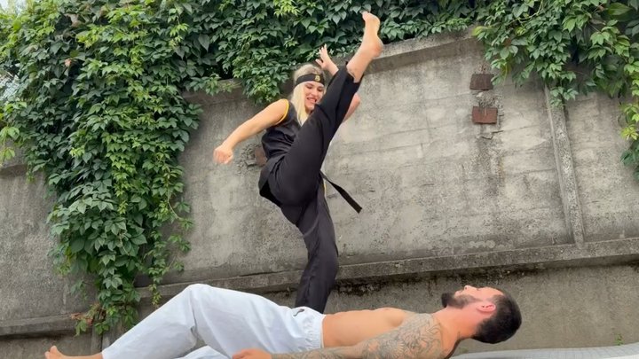 Karate Goddess Aura’s Barefoot Kick Domination – Groin Kicks, High Kicks & Power