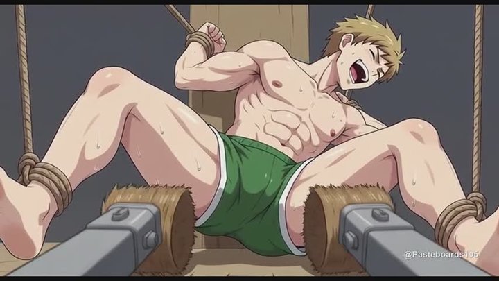 Bench Rollers On His Inner Thighs - Bound Anime Muscle Jock (Anime Bara)