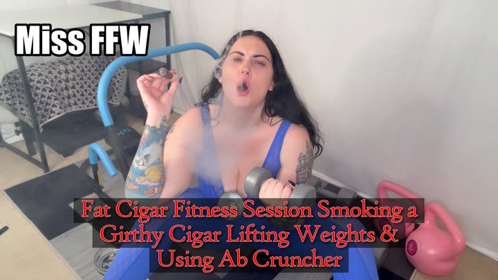 Fat Cigar Fitness Session Smoking a Girthy Cigar Lifting Weights Using Ab Crunch