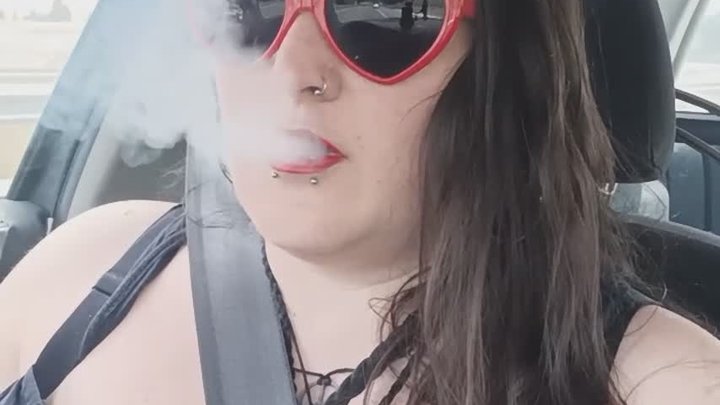 Female Smoking While Driving - Red Lips & Cigarette Dangling
