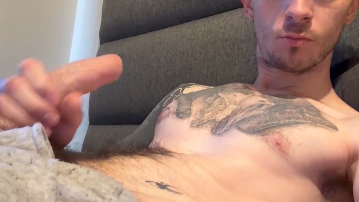 Tatted guy jerking off and cumming hard