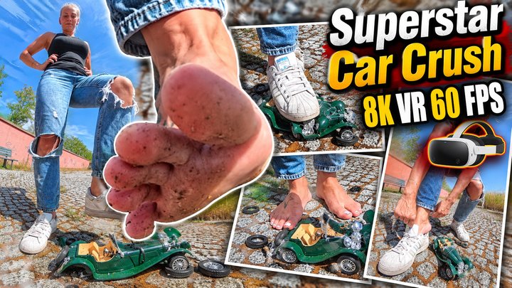 VR 3D 8K 180 60 fps | Larissa Barefoot Adidas Superstar Car Crush Female Power, 