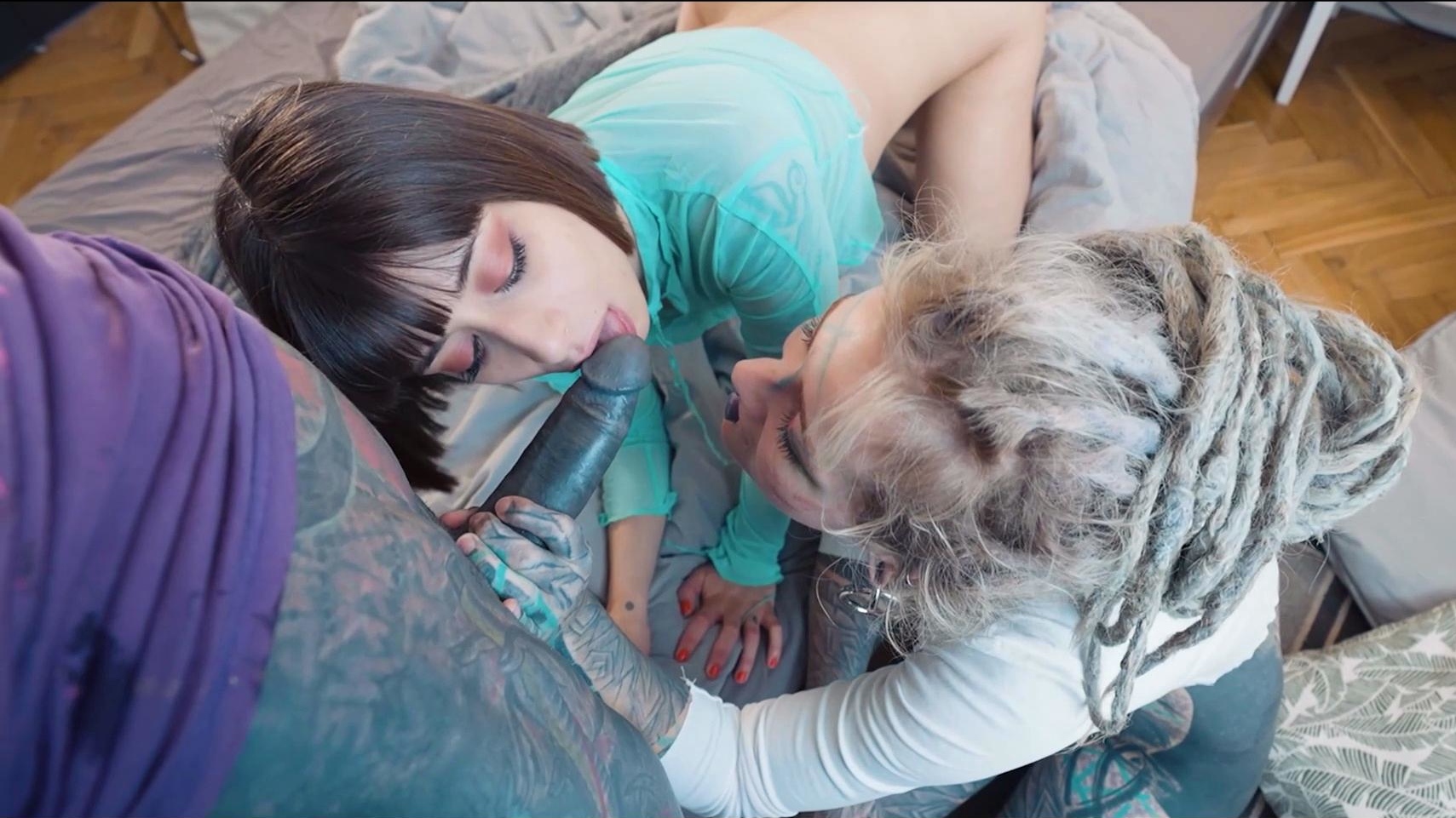 Heavy tattooed couple fuck a girl in her ASS