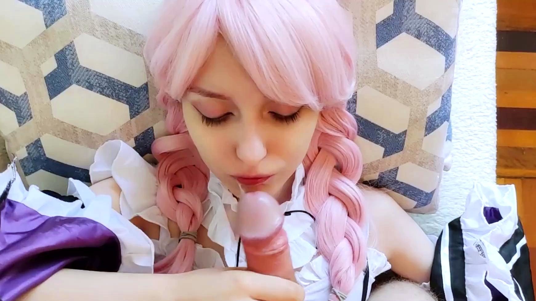 Filled with sperm on the face of a cute maid