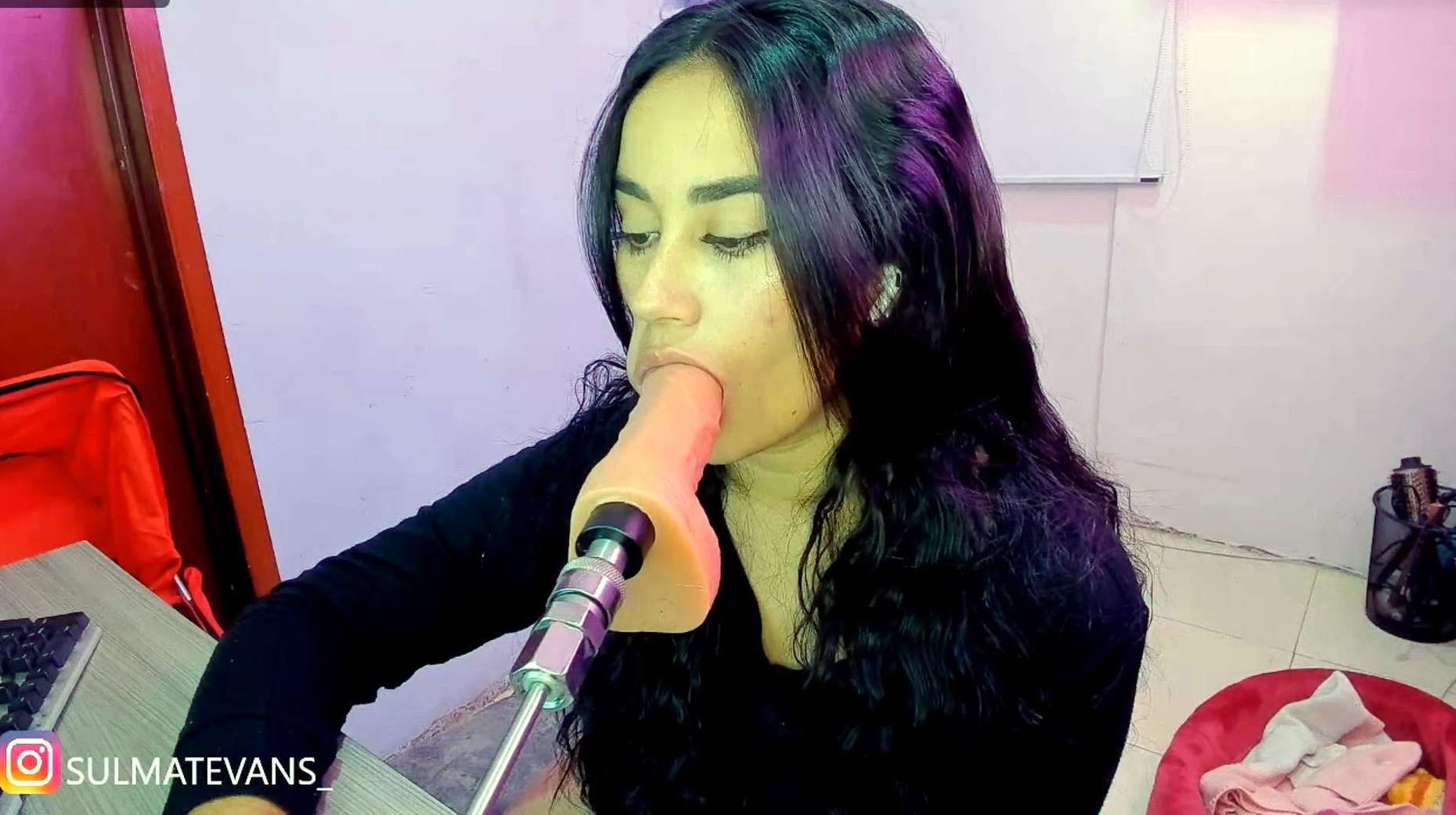 Brunette Sucks Big Pink Dildo Machine