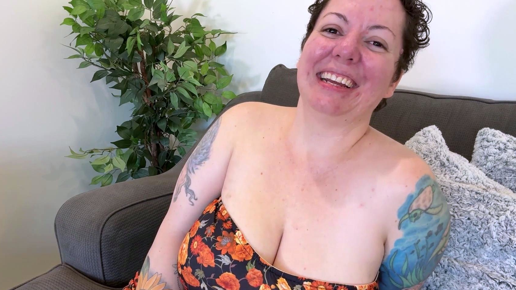 NIKKISFETISHES Pale Busty Woman Squeezes Breasts on Couch