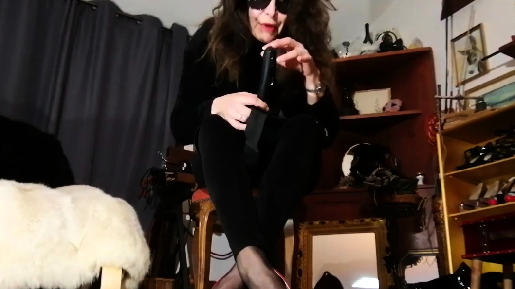 Cool brunette in stockings jerking her hard cock